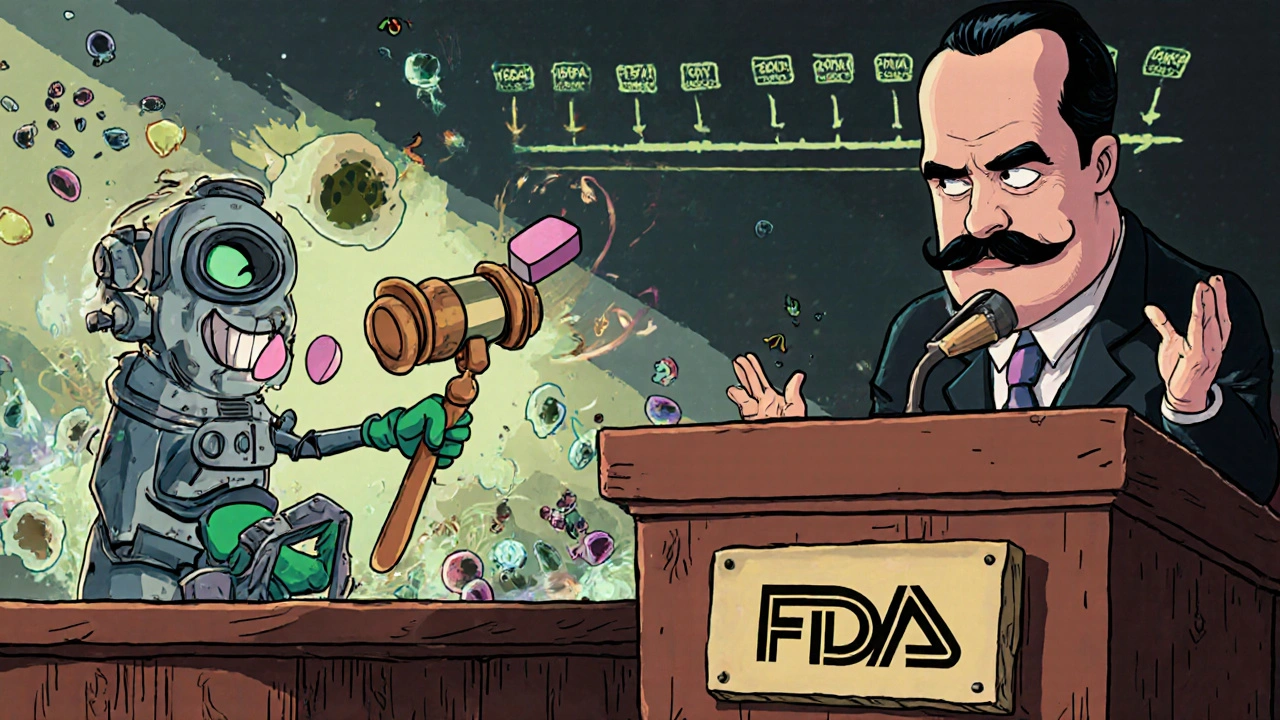 A crumbling antibiotic on trial against a fake accelerated test, defended by an HPLC machine in cartoon courtroom.
