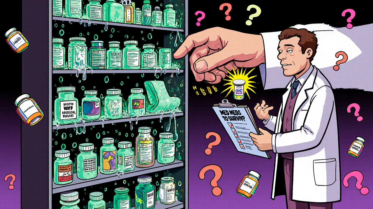 A glowing pharmacy shelf with insulin and medical devices in a power outage, cartoon-style.