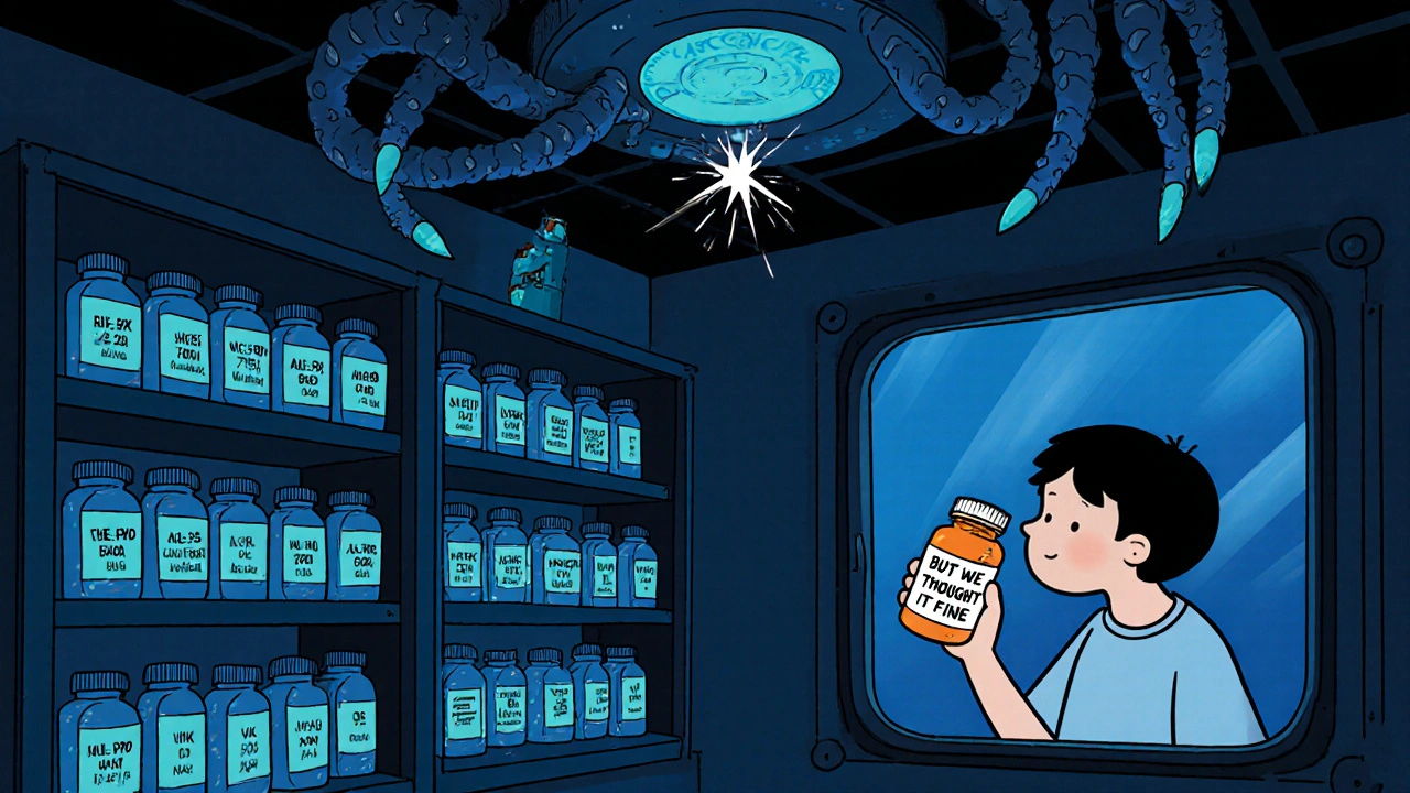 A glowing stability chamber with pills on shelves, a faulty sensor sparking, and AI tentacles reaching in from above.