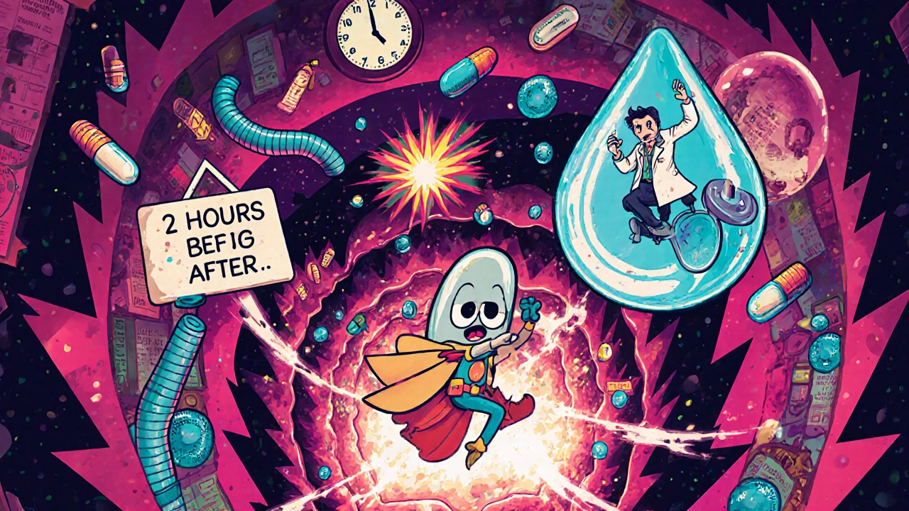 A heroic fiber capsule flying through an intestinal tunnel while dodging pills and guided by water droplet doctor.