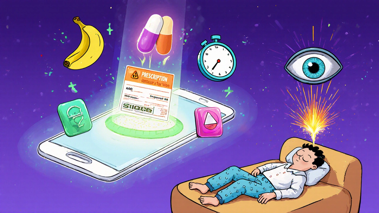 A holographic medication app with food, timing, and warning icons scanning a prescription label.