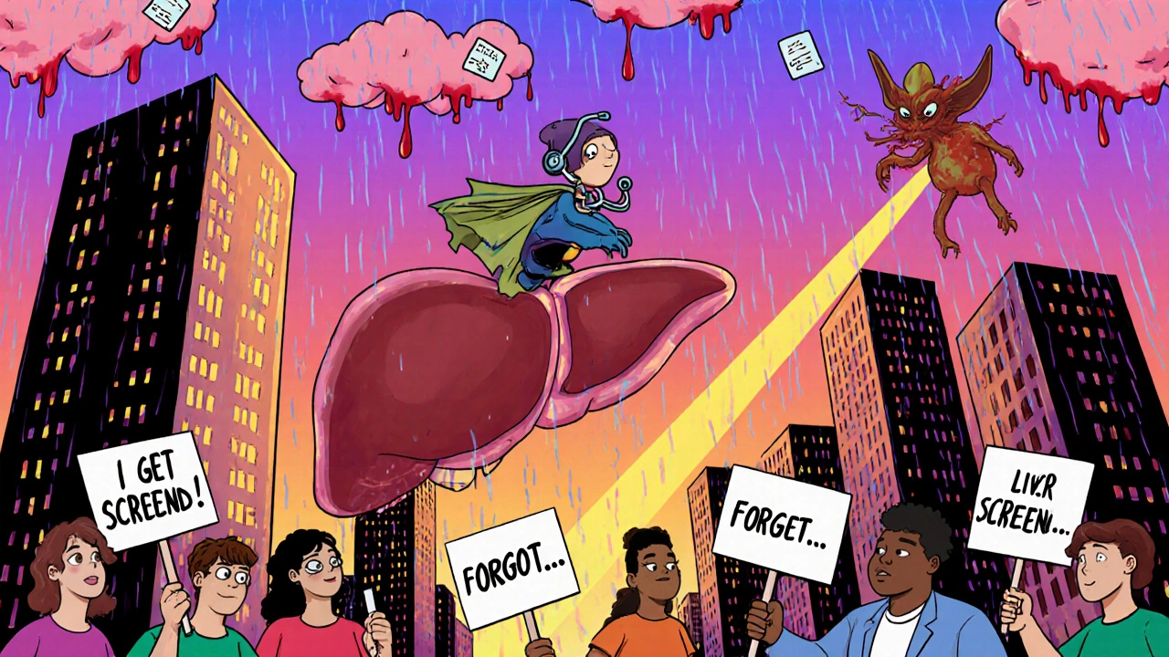 A liver cityscape with a hero on an ultrasound beam chasing a gremlin-shaped tumor, patients holding signs, surreal cartoon landscape.