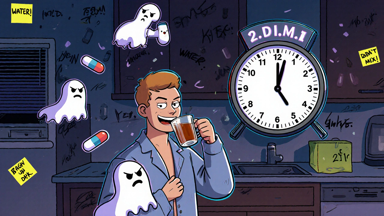A man taking fiber at night with ghostly pills rising from his stomach and a warning clock.
