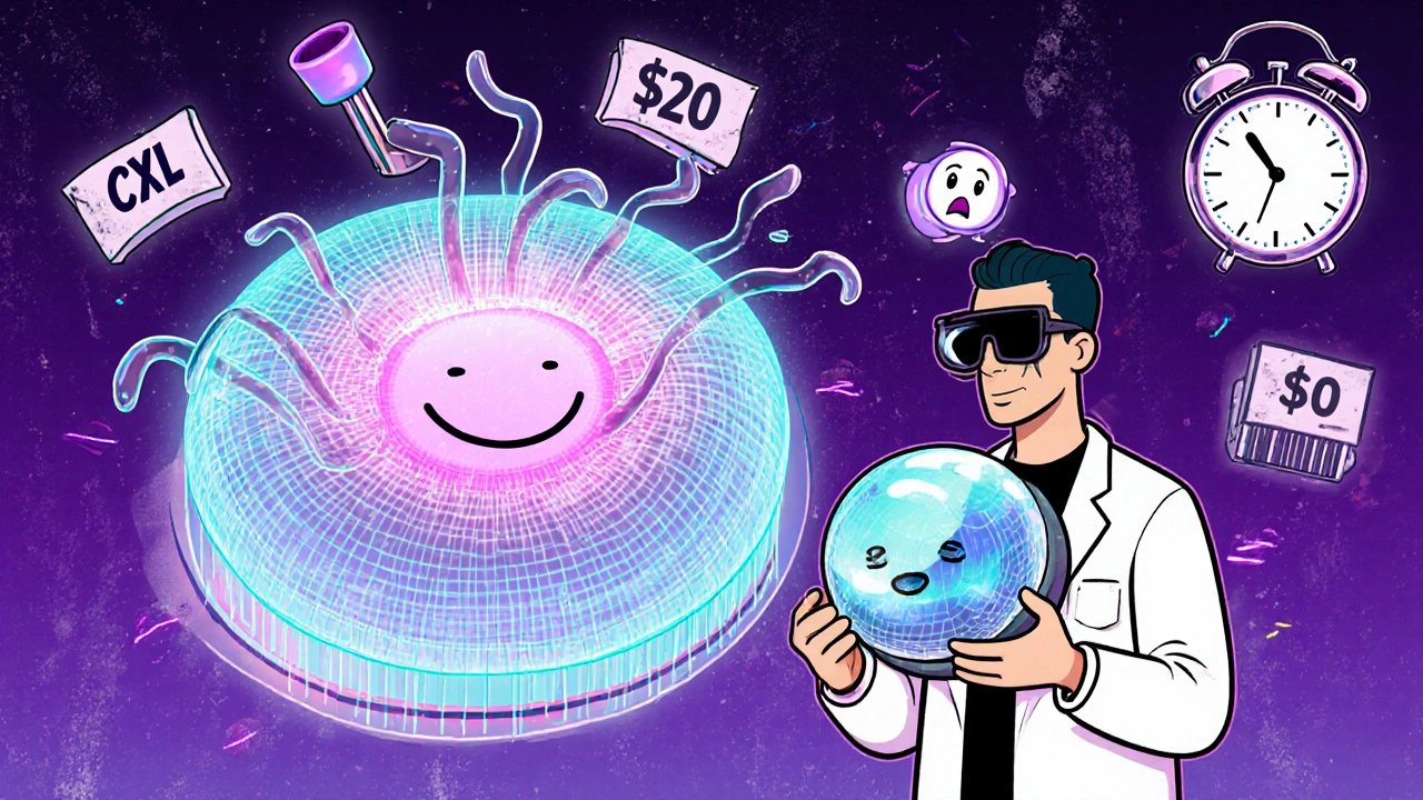 A patient holding a large scleral lens next to a glowing 3D corneal map that turns into a smiling face.