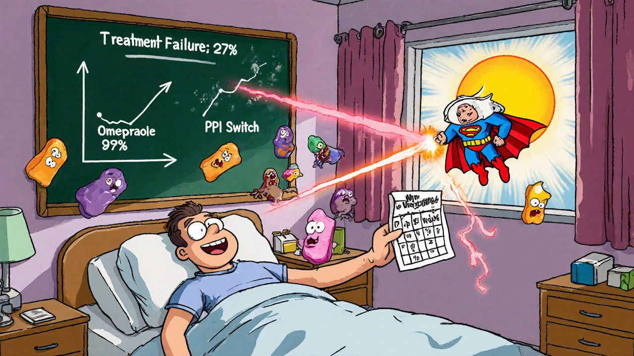 A patient in bed surrounded by zombie-like antacids, while omeprazole fires a laser to turn them into jellybeans.
