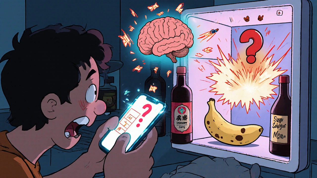 A person scanning food labels with an app as warnings flash over soy sauce and overripe banana in a chaotic kitchen.