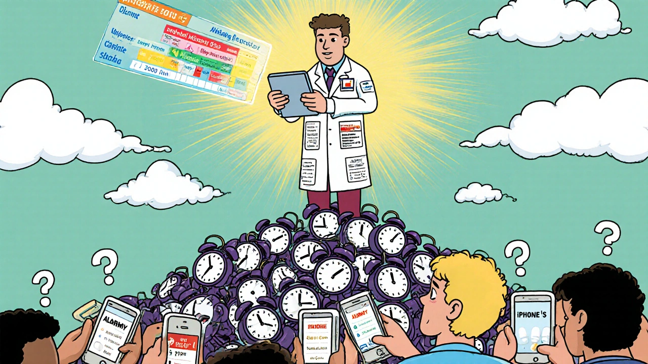 A pharmacist atop a pile of broken alarms showing a correct medication timeline.