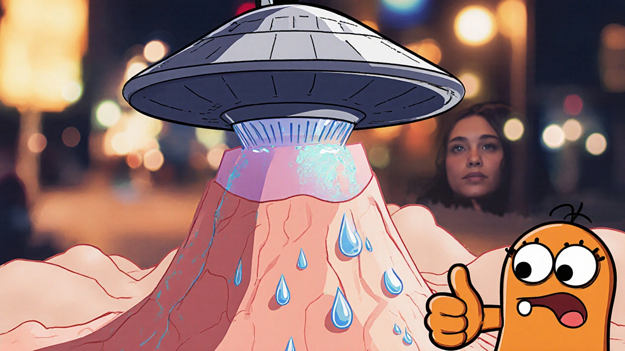 A rigid contact lens floating above a warped cornea, with tear droplets forming a smooth optical buffer.