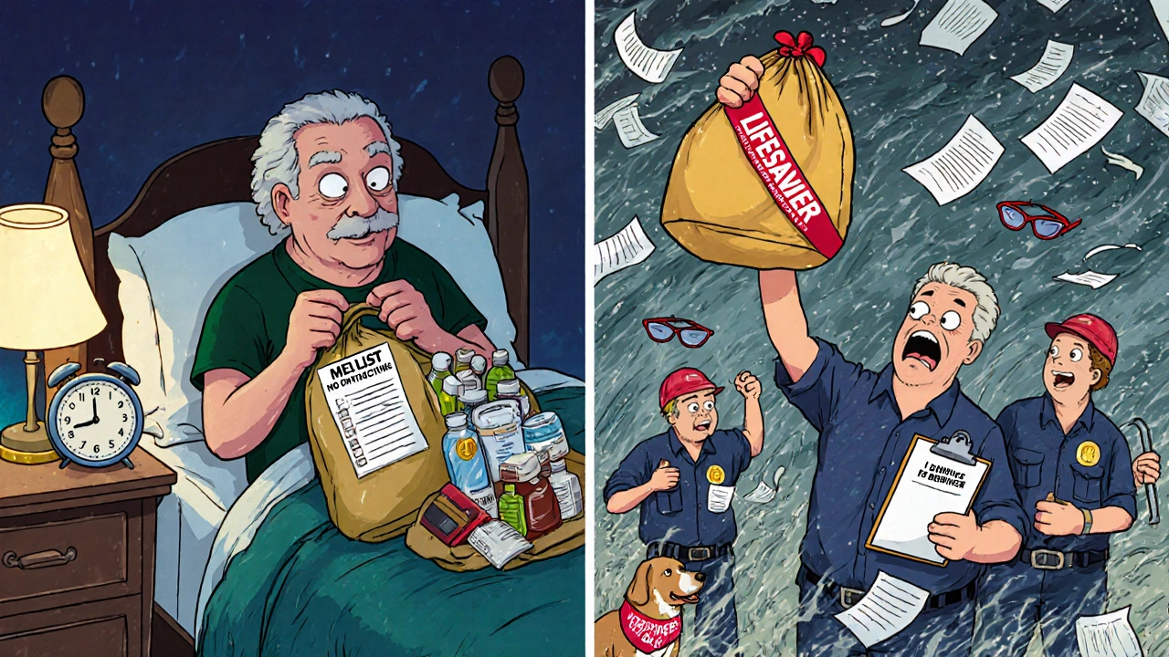 A senior holds up their medication bag as emergency workers react in awe during a disaster.