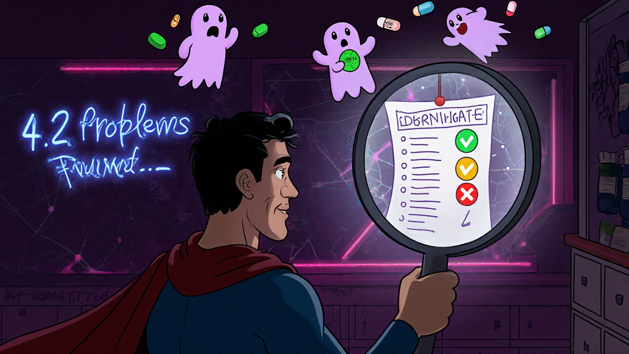 A superhero pharmacist inspects a constellation-like medication map with warning and approval icons floating around.