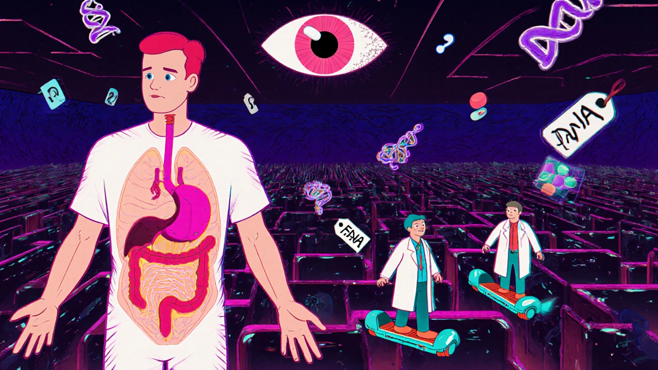 A surreal body maze with tiny pharmacists riding hoverboards, placing safe pills in organs while warning symbols float around.