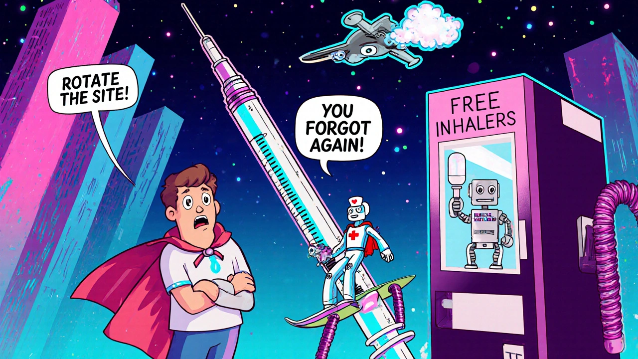 A terrified person facing a giant insulin pen, while a tiny nurse surfs a syringe and an AI drone texts a reminder.