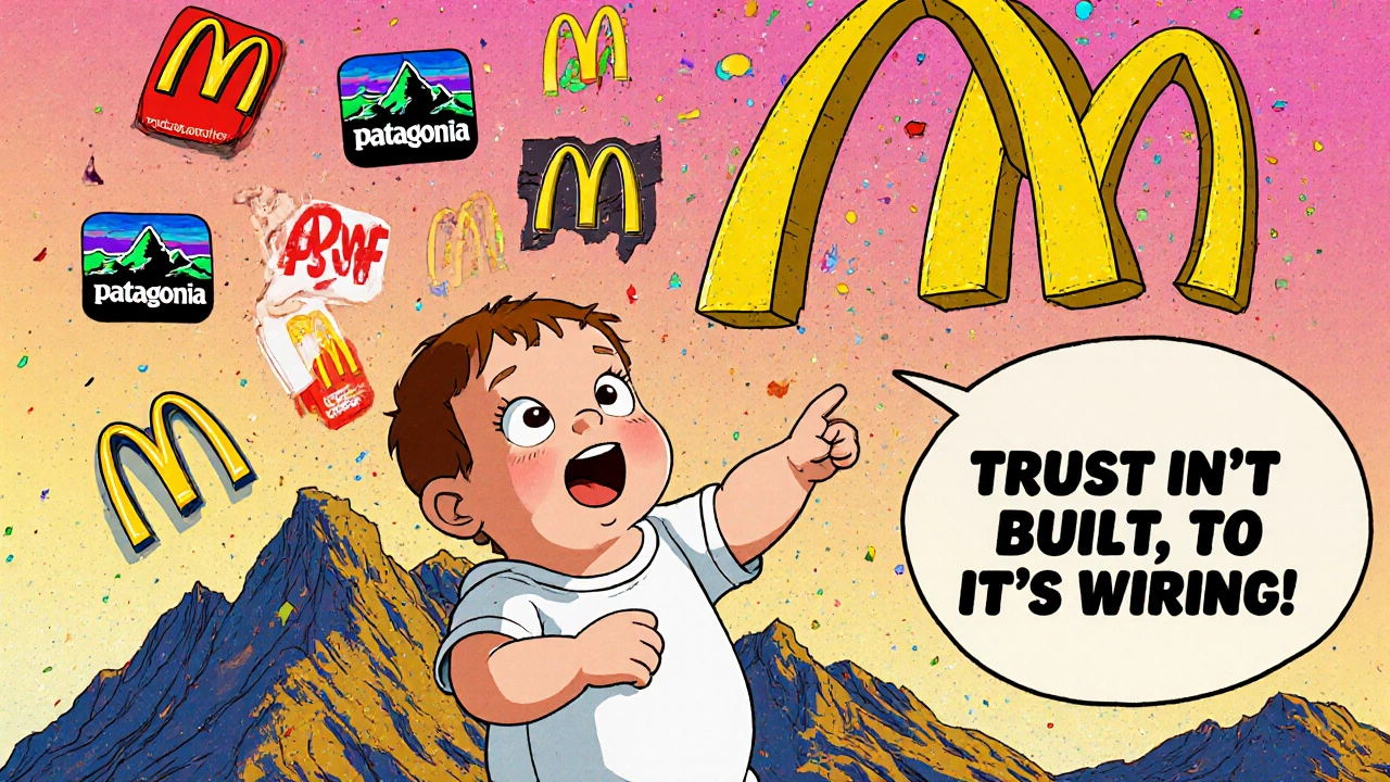 A toddler pointing at golden arches as other fast-food logos fall apart around them.