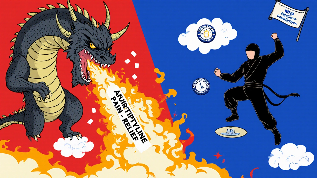 Amitriptyline dragon vs. nortriptyline ninja in a battle for pain relief, cartoon style.