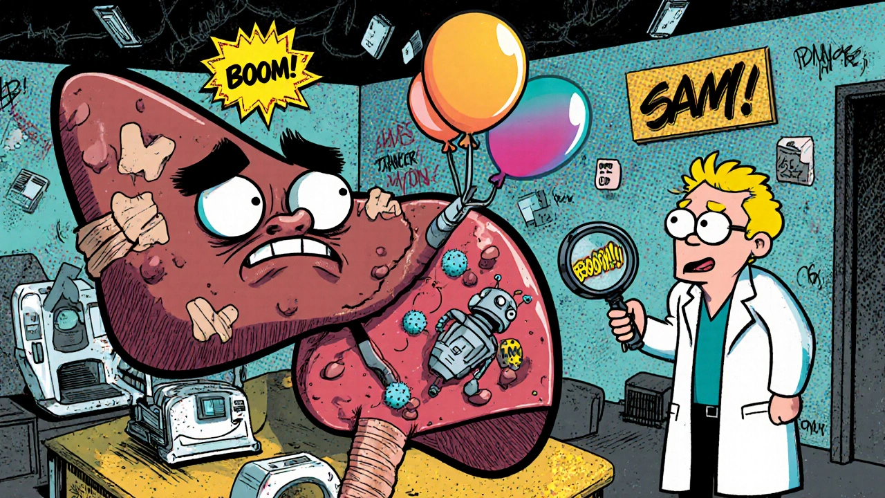 An anthropomorphic scarred liver being poked by a needle, with tumors as balloons and an AI robot inside, in a chaotic medical room.
