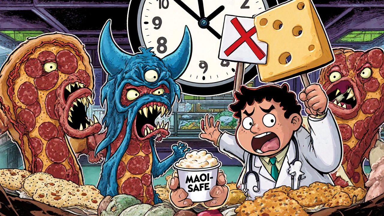 Anthropomorphic cured meats and blue cheeses menacing a person holding safe fresh mozzarella at a deli counter.