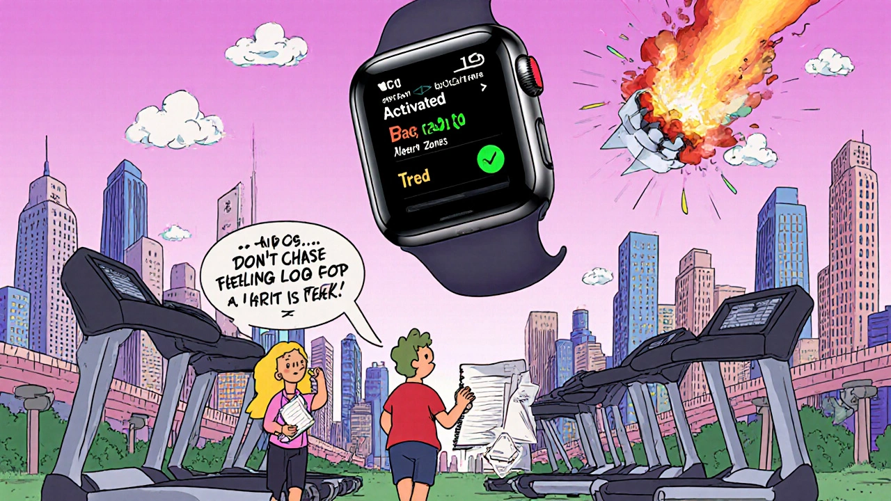 City made of exercise equipment under Apple Watch sky, person holding notebook labeled &#039;Feeling Log&#039;