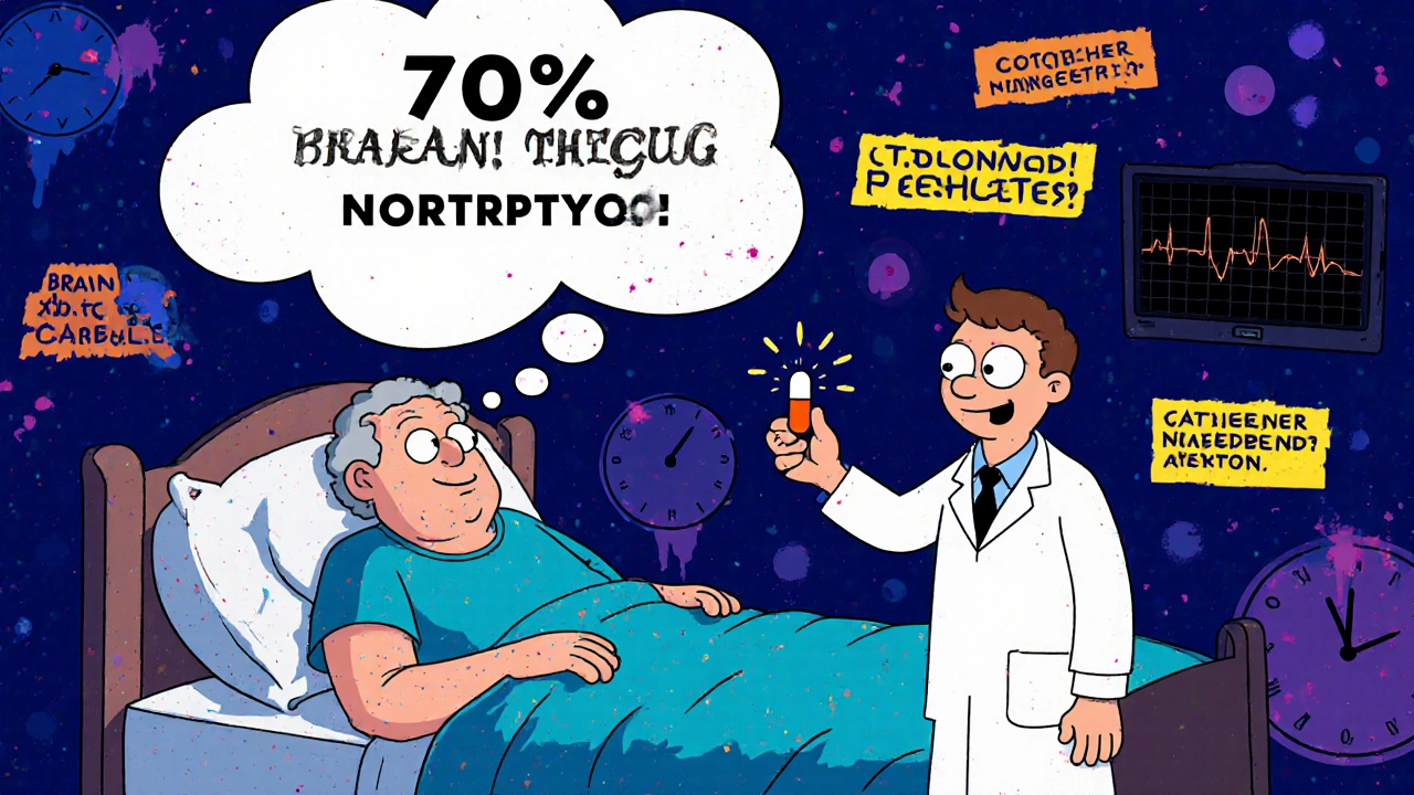 Elderly man surrounded by floating medical warnings in a psychedelic bedroom, cartoon style.