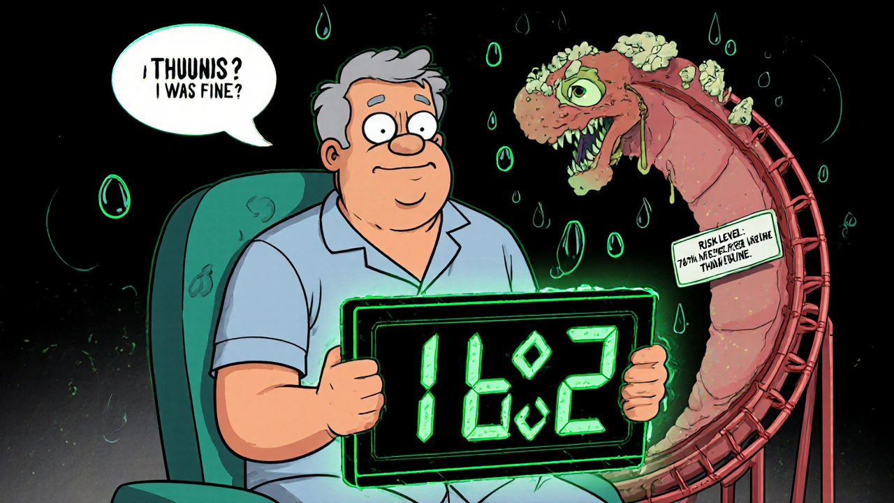 Man holding a high calcium score board while a plaque monster climbs his artery rollercoaster.