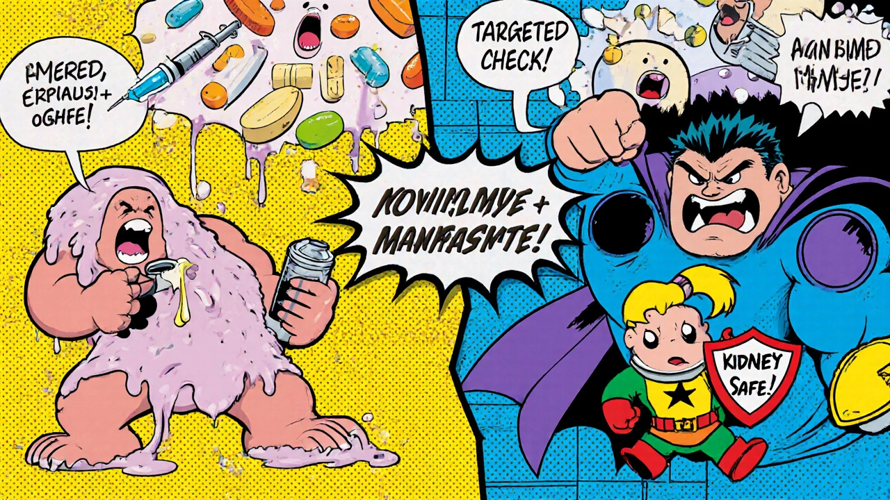 Mesalamine superheroes fighting inflammation monster alongside other IBD treatments in a comic-style battle.