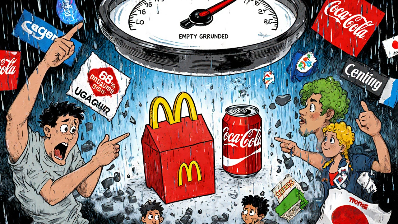 Pandemic chaos with fading brands, while Coca-Cola and McDonald&#039;s logos stand steady and bright.