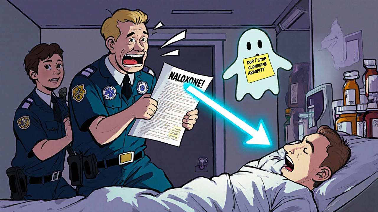 Paramedics rushing with a medication guide that shoots a blue antidote arrow into a patient in an ER.