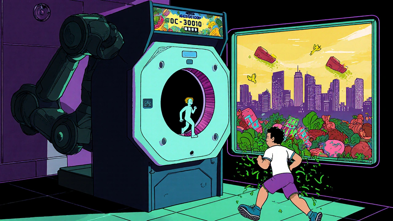 Person entering a retro arcade-style CT scanner as their calcium score rockets to 1000.