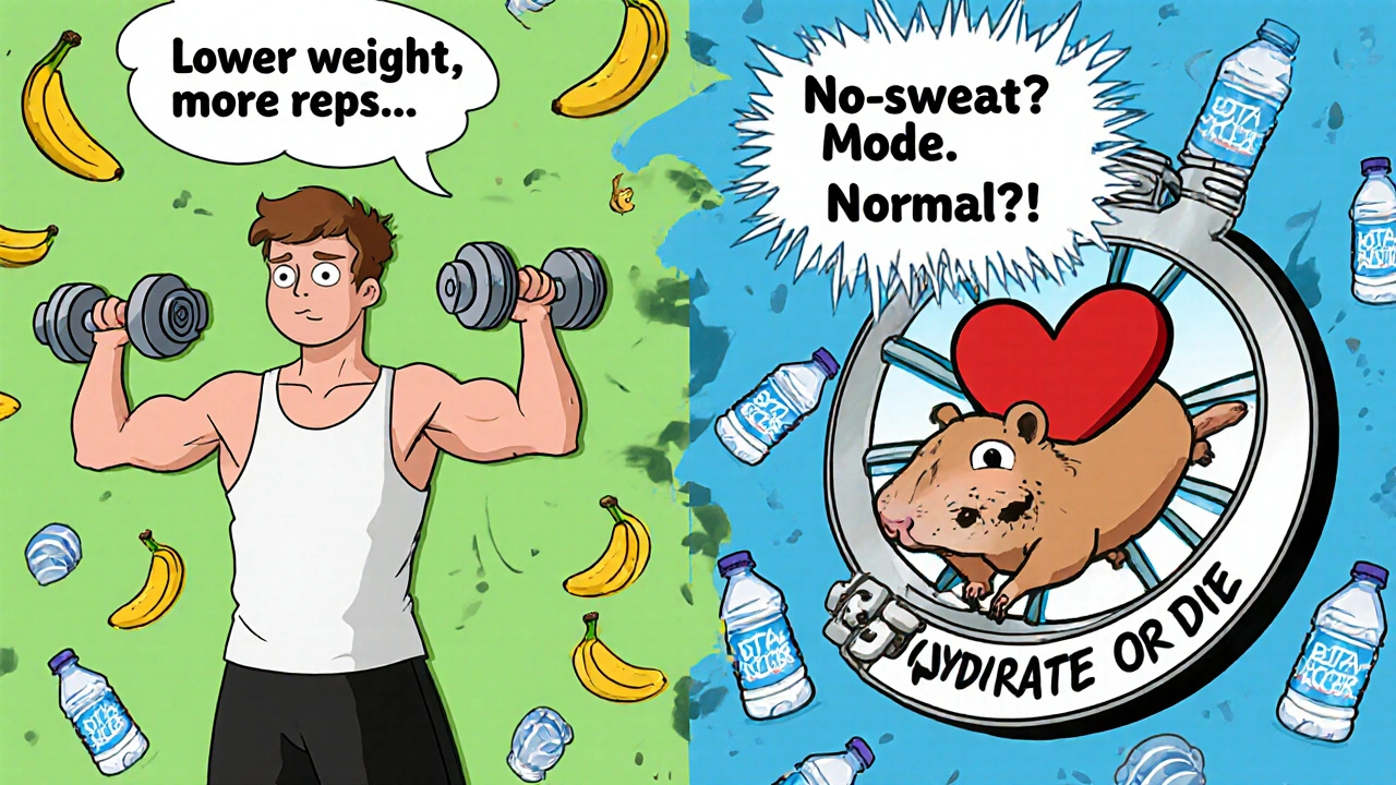 Person lifting light weights while heart is a sleepy hamster in a wheel, bananas and water bottles nearby