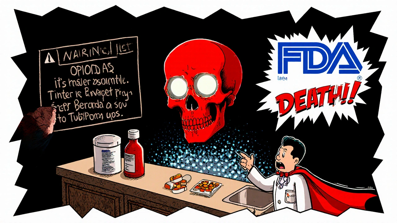 Person mixing medications as a giant skull emerges from the pills, with a black FDA warning box looming overhead.