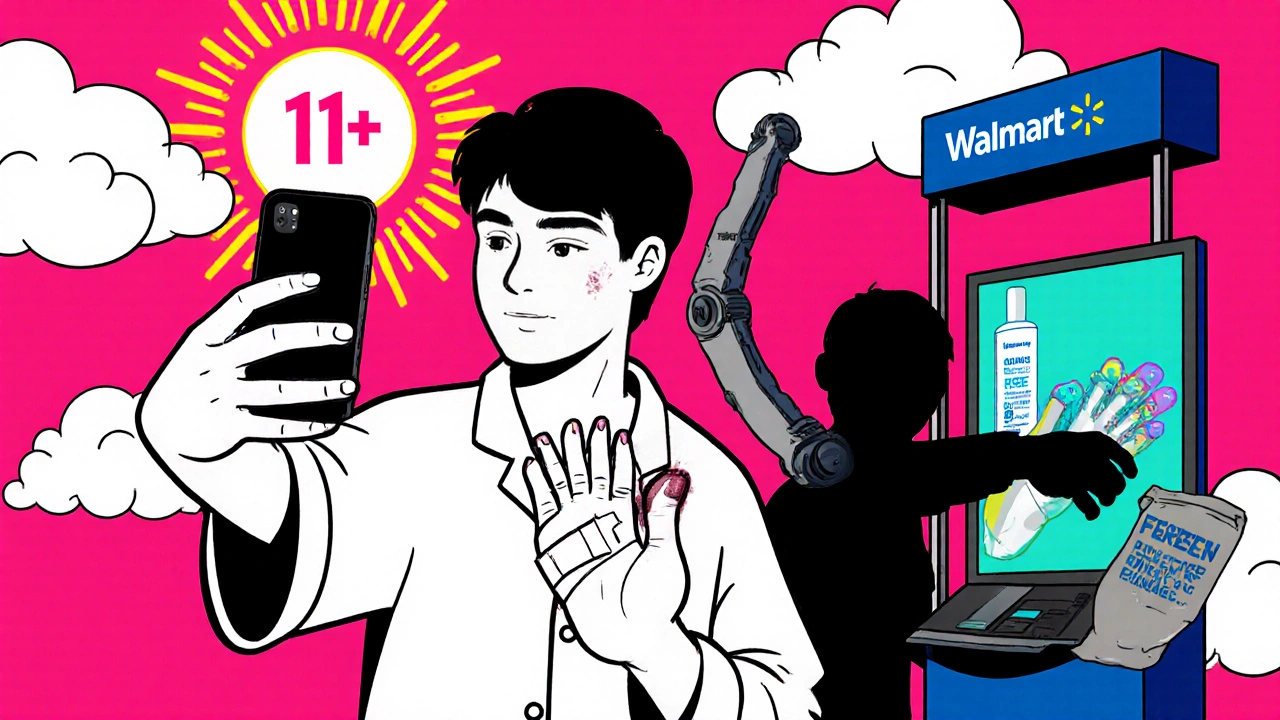 Person taking selfie of dark streak under toenail while a &#039;Bruise?&#039; figure tries to hide it, UV index at 11+ and Walmart kiosk in background.