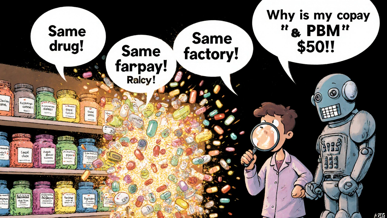 Pharmacy shelf with glowing authorized generics, patient comparing pill imprints, and a PBM robot with a calculator head.