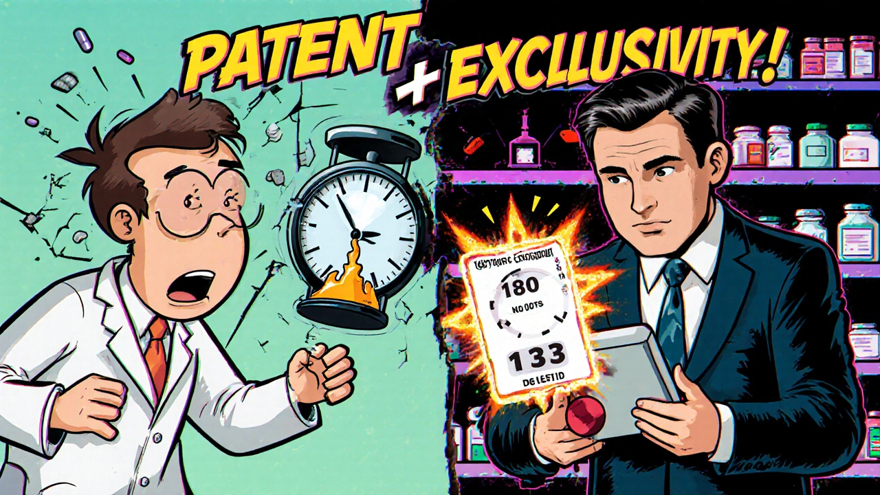 Split scene: a melting patent clock and a CEO staring at an FDA exclusivity dashboard with a ticking countdown.