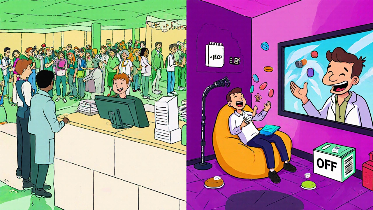 Split-screen: stressed person at traditional pharmacy vs. relaxed person getting meds at home from a quirky cartoon pharmacist.