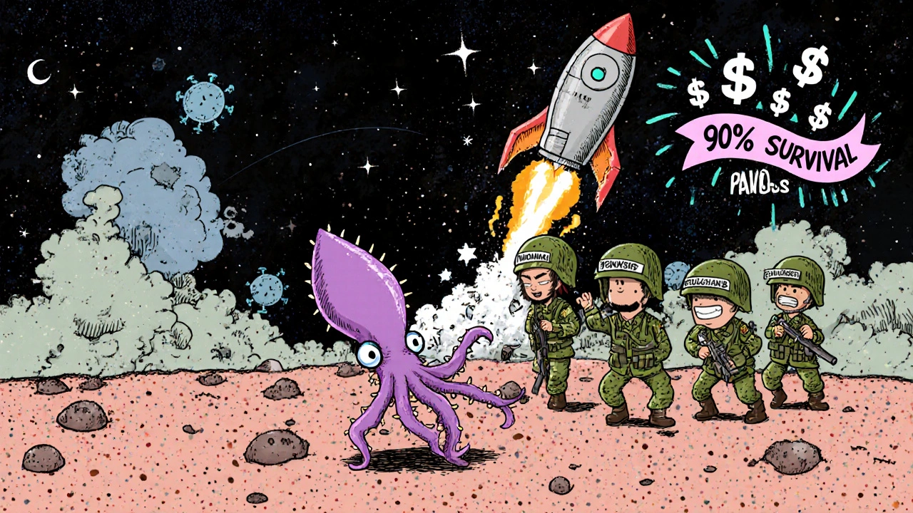 Tiny melanoma squid battling immunotherapy soldiers on a skin landscape, mRNA vaccine rocket launching in distance, dollar signs in smoke.