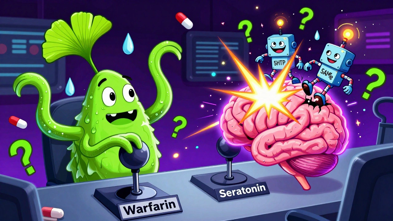 A brain control room with supplements pulling levers and triggering serotonin alarms.