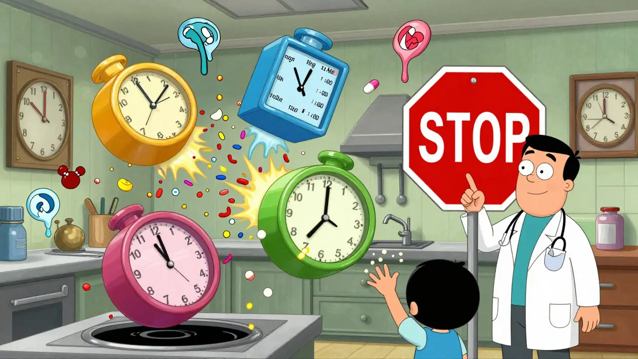 A chaotic kitchen with exploding pill organizers and a giant STOP sign warning against double dosing.