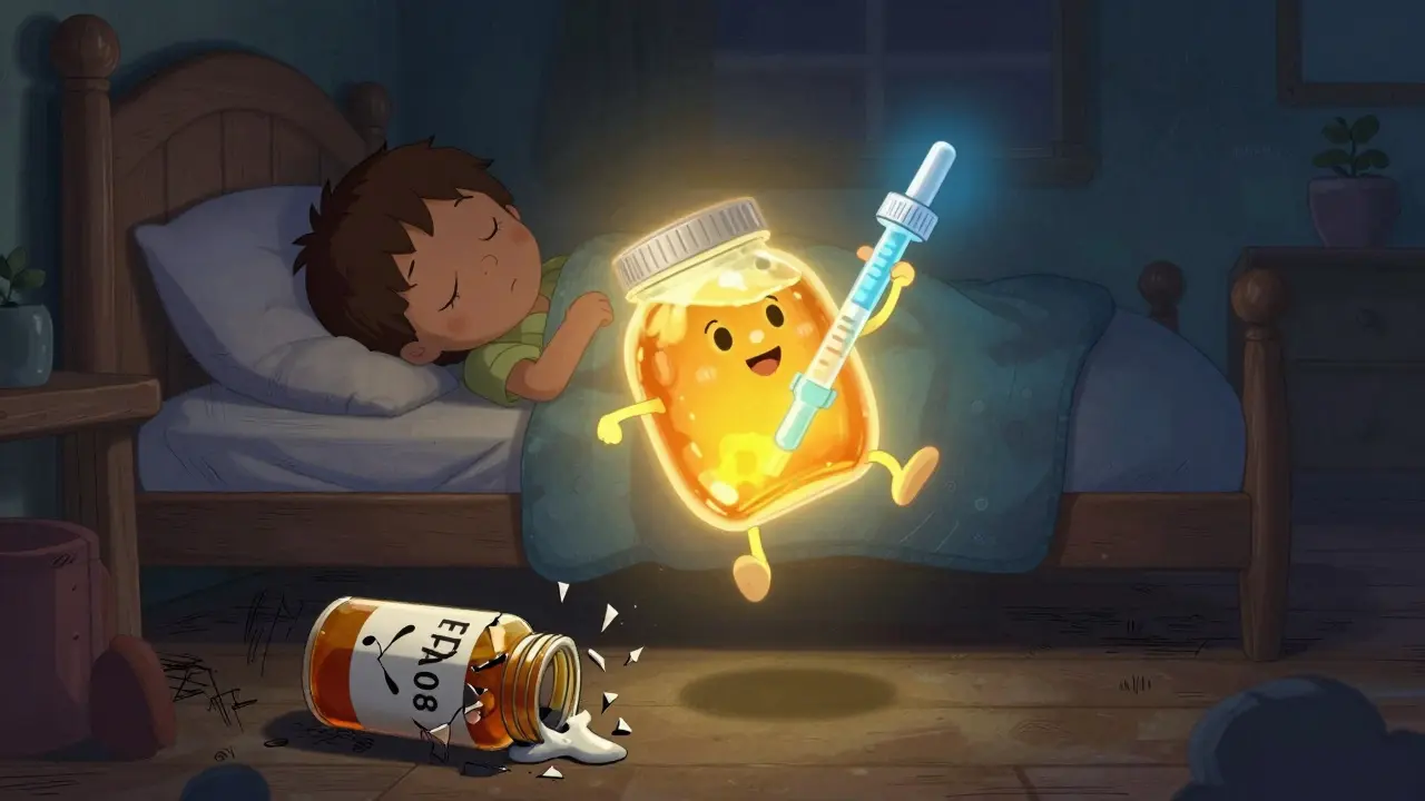 A child sleeps peacefully as honey and saline dropper characters glow warmly, while a crumbling medicine bottle melts away.