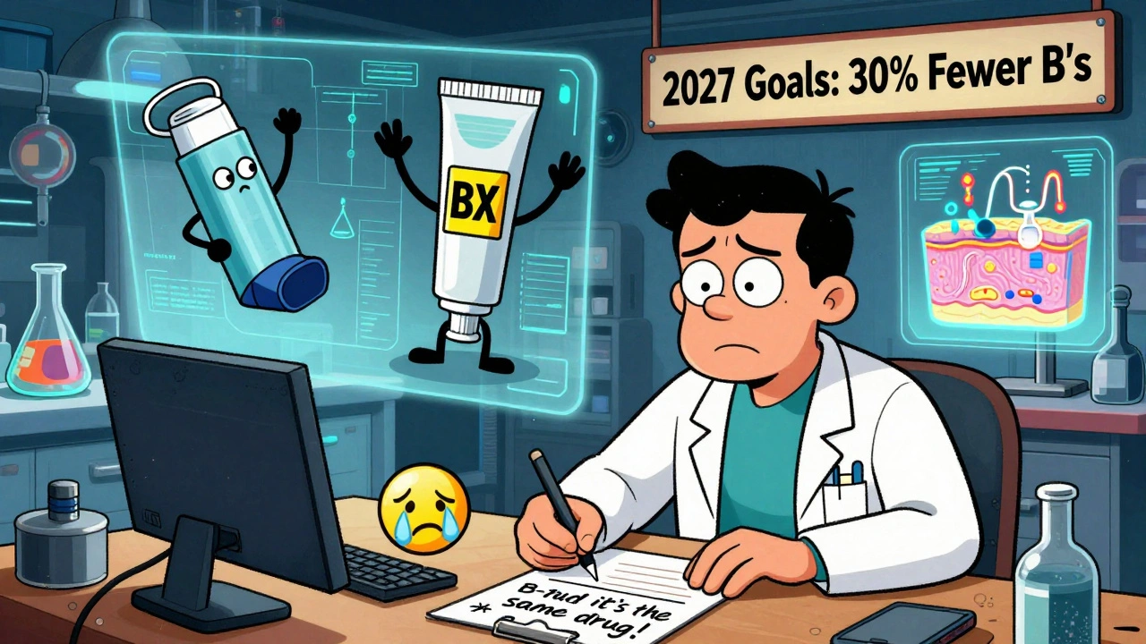 A confused doctor surrounded by holograms of complex drug delivery systems wearing BX signs in a futuristic lab.