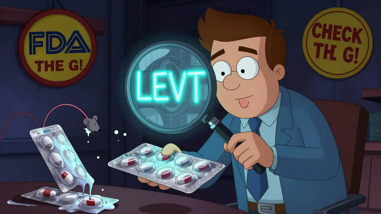 A detective uses a magnifying glass to reveal hidden microtext and UV markings on genuine vs. fake medication.