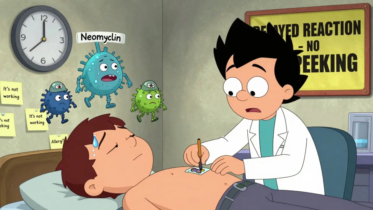 A doctor applies patch test patches while animated T-cells march toward a chemical labeled Neomycin in a surreal medical scene.