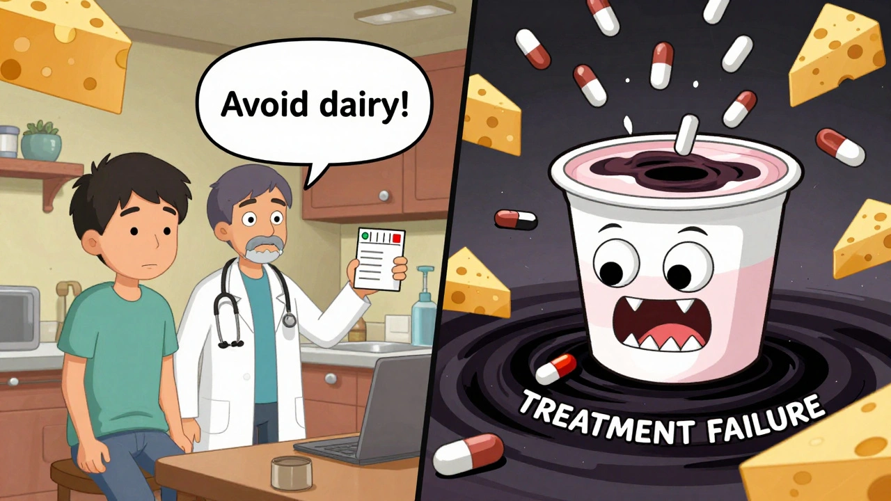 A doctor gives a prescription while a yogurt cup chases an antibiotic pill into a treatment failure vortex.