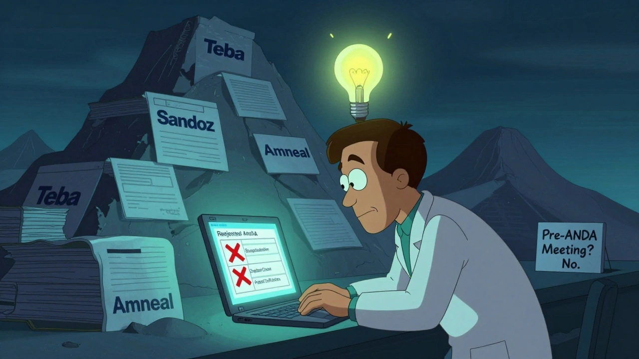 A lone scientist facing a rejected ANDA form, dwarfed by a mountain of approvals from big pharma companies.