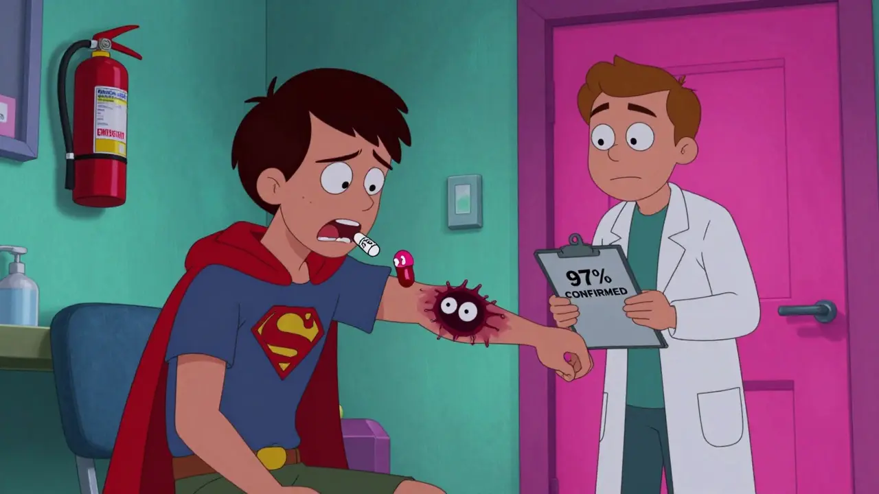 A patient develops a cartoonish rash after rechallenge, with a doctor holding a confirmation clipboard.