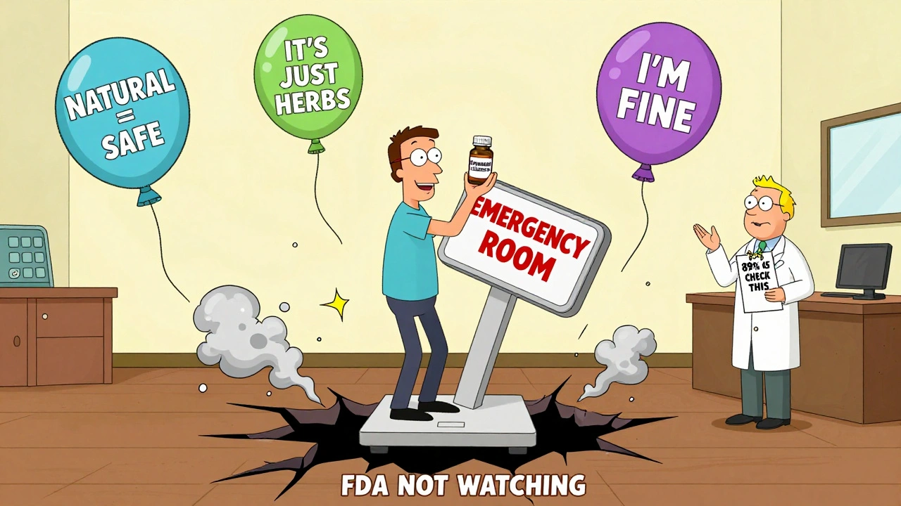 A person holding an untested supplement on a scale tipping toward emergency room danger.