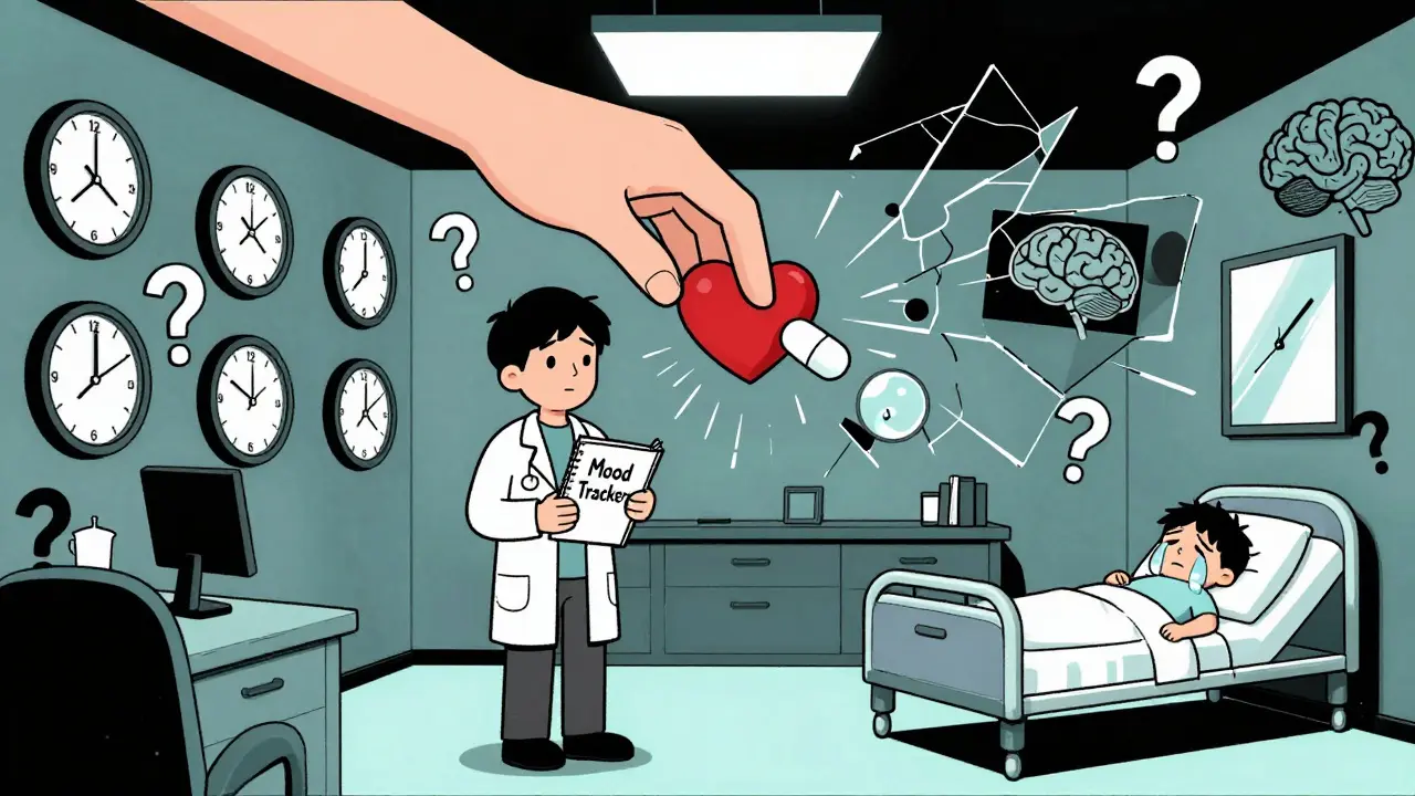 A person in a clock-filled office having their heart swapped by a giant hand labeled 'SYSTEM'.