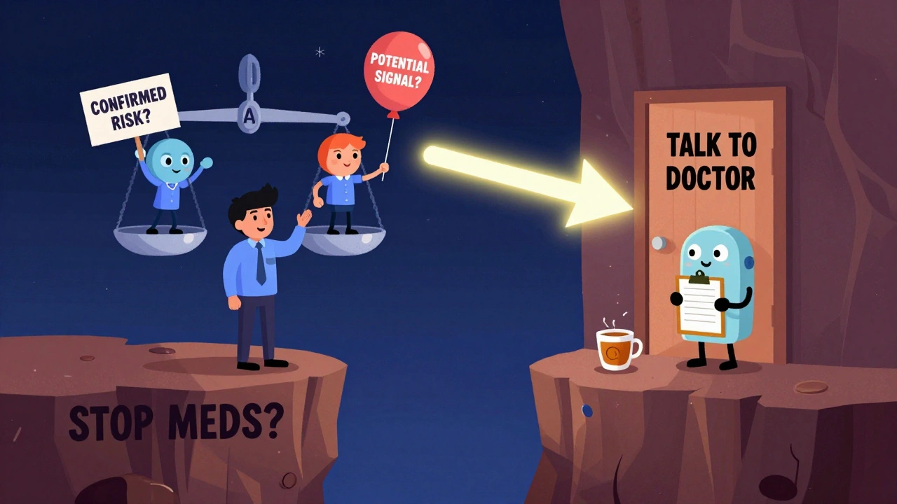 A person stands at a cliff labeled &#039;STOP MEDS?&#039; while a floating FDA scale shows potential vs confirmed risk with a friendly robot guiding them.