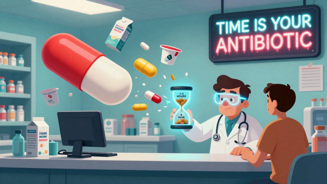 A pharmacist hands an hourglass with timing instructions as antibiotic pills dodge flying dairy products.