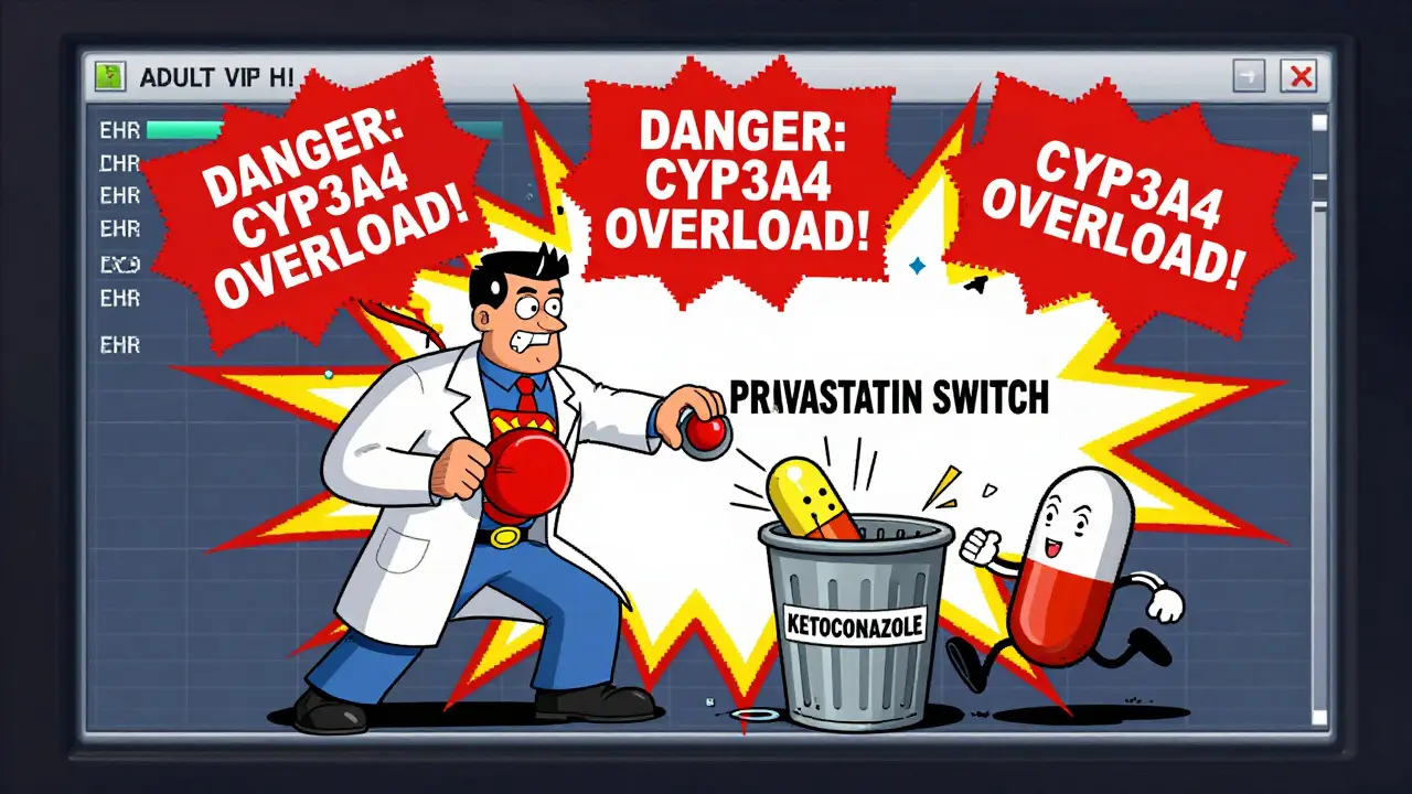 A pharmacist hitting a switch to replace a dangerous statin, while warning pop-ups explode on a hospital screen.