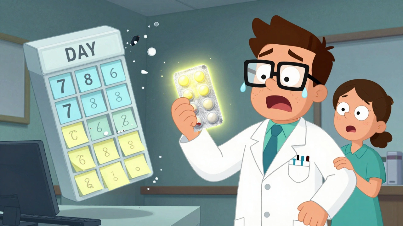 A pharmacist holding a glowing blister pack while a crumbling pill organizer falls apart behind them.
