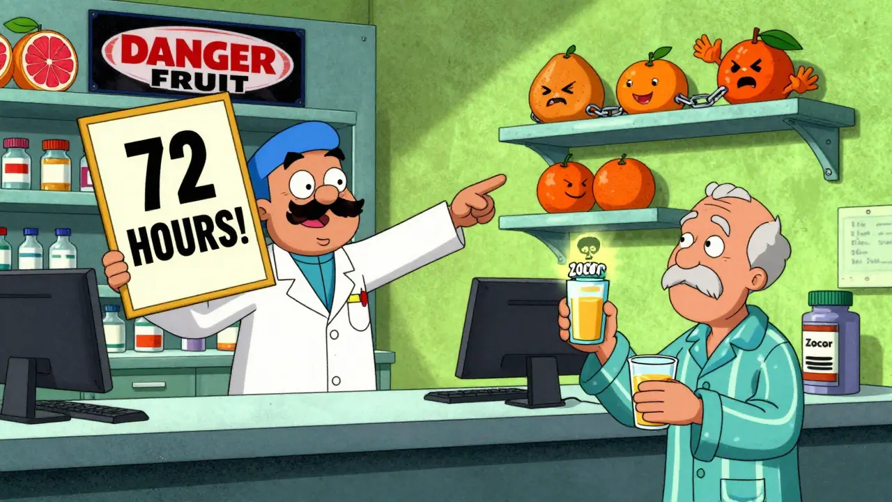 A pharmacist warns a man about dangerous fruit, safe oranges smile, grapefruits are chained up.